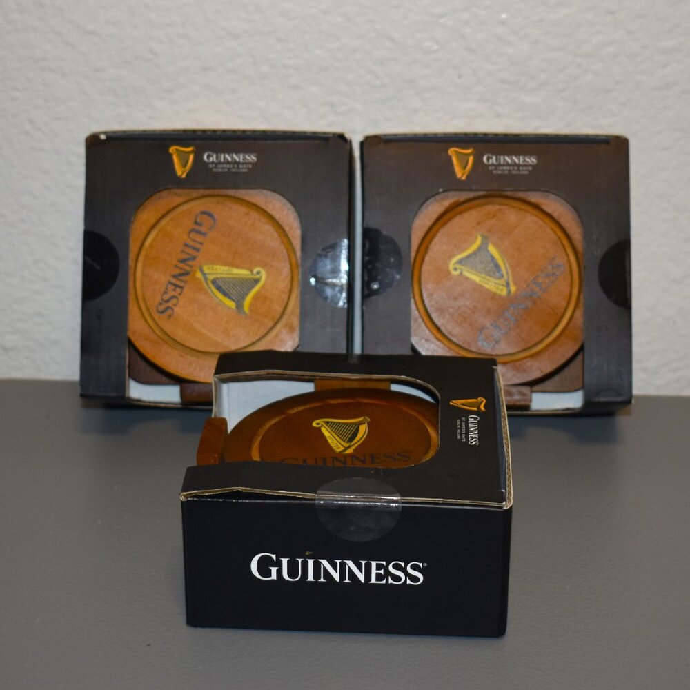 Guinness‎ Coasters Set of 4 with Holder Brown New Wood St James Gate Barware